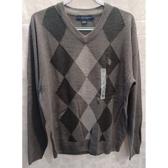 U.S. POLO ASSN. PULLOVER GREY ARGYLE MENS LONG SLEEVE SWEATER SIZE LG. NWT - Picture 1 of 6
